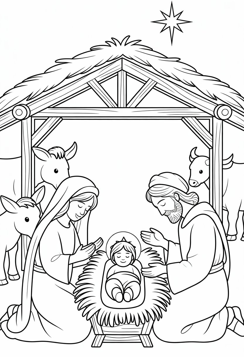 Christian Coloring Pages for Kids: 20 Inspirational Designs to Inspire Faith 27 Baby Jesus lying in a manger with Mary and Joseph kneeling nearby inside a stable, a donkey and ox close by, and a bright star shining above.